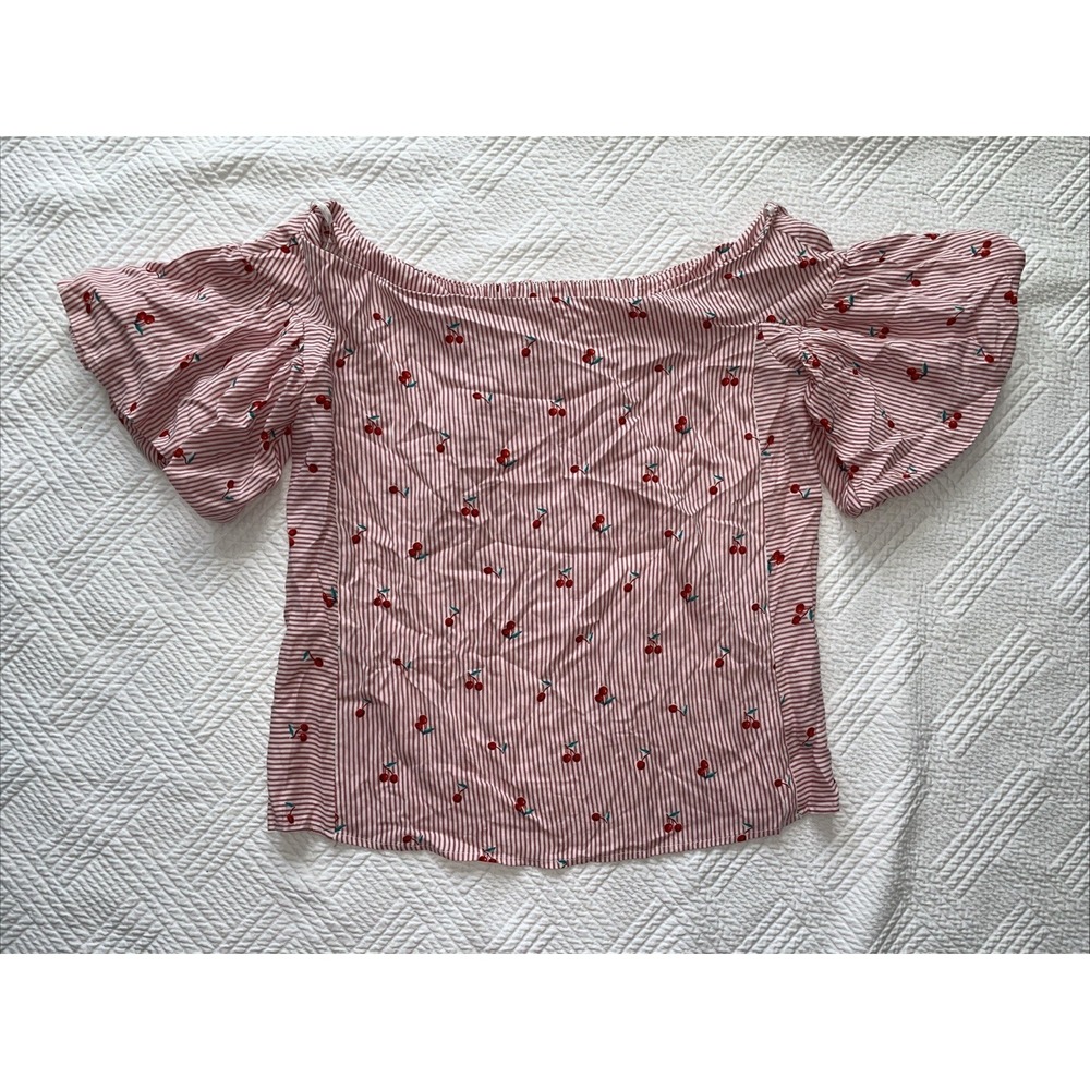 Coverstitched Women's Top Size M Boat Neck Flutter Sleeves Red Striped Cherries